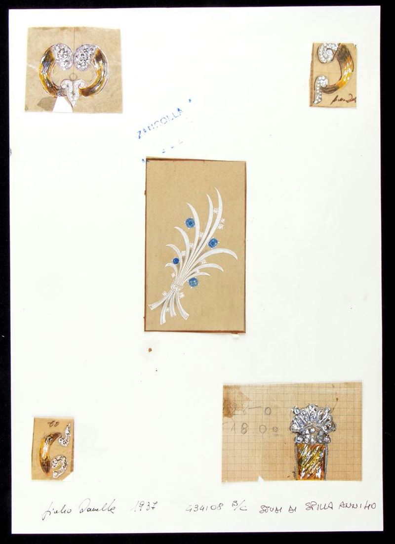 Giulio Zancolla - Progetti per cinque spille (disegni, tecnica mista su velina e cartoncino)
