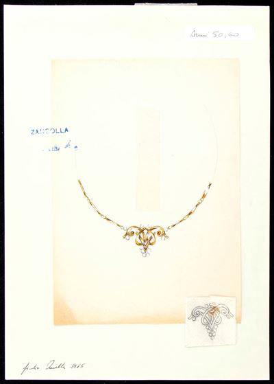 Progetto per girocollo (disegni di due centrali in oro e pietre), anni '60