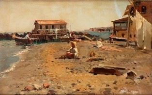 GIUSEPPE LAEZZA (Napoli, 1835 - 1905) : Scena di spiaggia...  - Auction Arte Moderna e Contemporanea - Pittura, Scultura, Arti decorative e Disegni dal XIX al XXI secolo - Bertolami Fine Art - Casa d'Aste