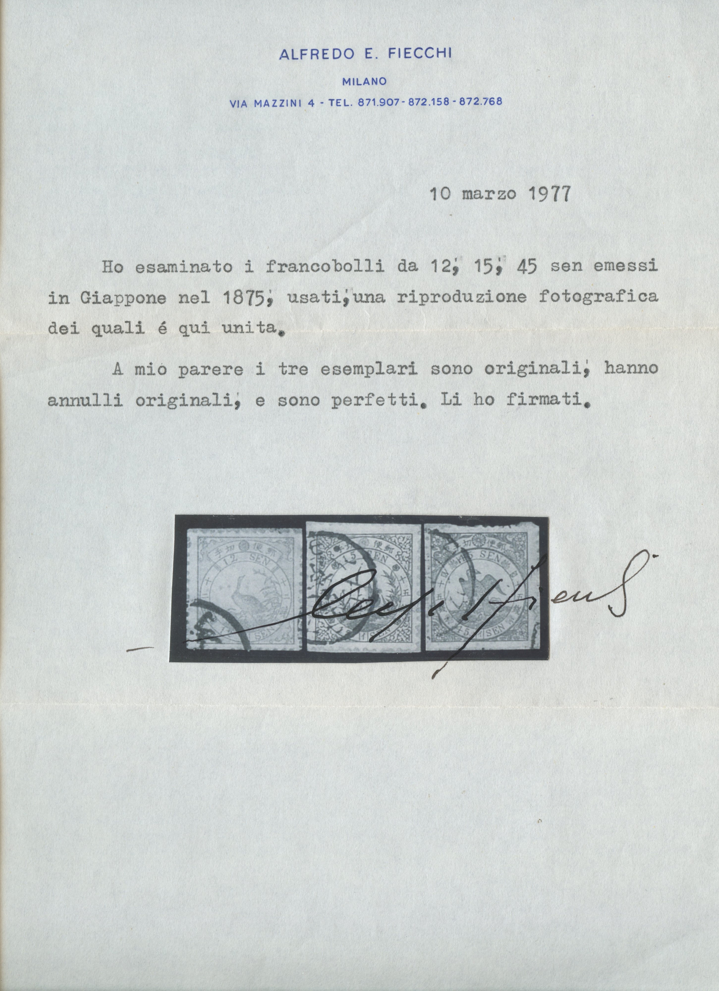 Francobolli giapponesi, usati n. 32/34, piccolo frammento, certificato Fiecchi