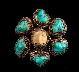 A STONE AND TURQUOISE INLAID METAL BROOCH  China, 20th century...
