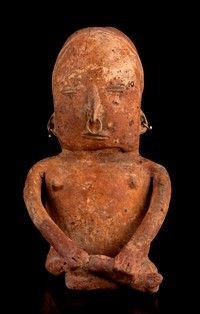 FIGURA FEMMINILE IN CERAMICA CON ANELLI IN ORO
Colombia, cultura Quimbaya...  - Auction Arte Asiatica, Africana e Precolombiana - Bertolami Fine Art - Casa d'Aste