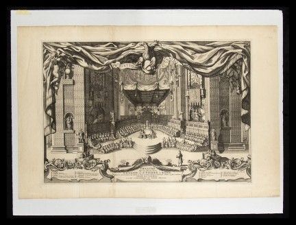 Giovanni Giacomo de Rossi (1627-1691) / Pierre Mortier (1661-1711) : Theatre qu'on dresse dans l'Eglise de St. Pierre a Rome...  - Auction Stampe antiche, moderne e carte geografiche - Bertolami Fine Art - Casa d'Aste