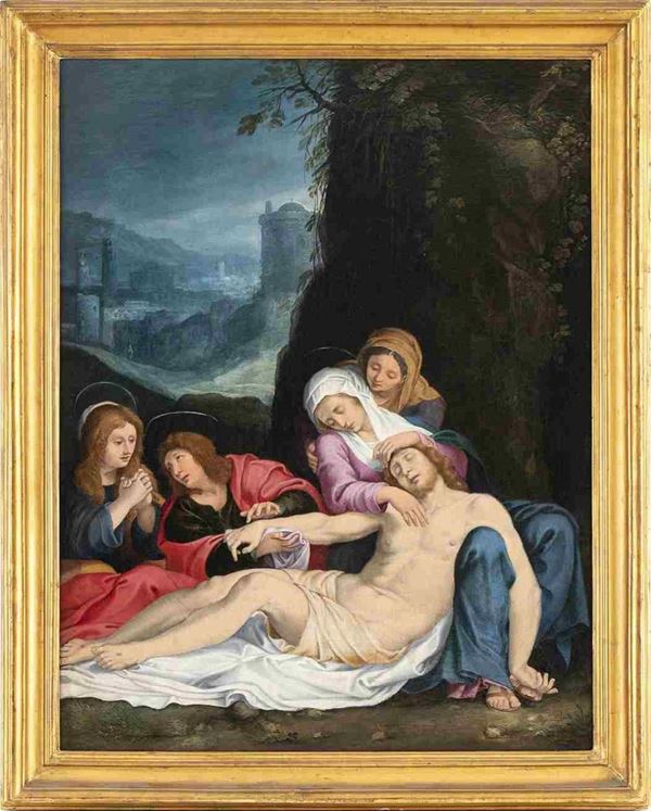 SCUOLA EMILIANA, FINE XVI / INIZIO XVII SECOLO : Compianto sul Cristo morto...  - Auction Dipinti e disegni antichi. Secoli XVI-XIX - Bertolami Fine Art - Casa d'Aste