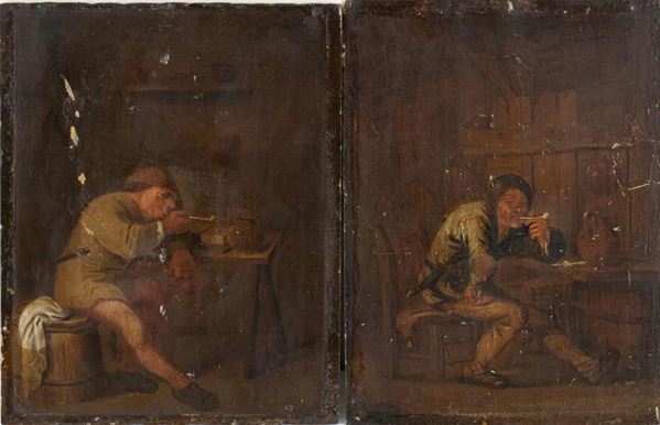 a) Fumatore di pipa seduto su una botte; b) Fumatore di pipa in osteria - Coppi...  - Auction Dipinti e disegni antichi. Secoli XVI-XIX - Bertolami Fine Art - Casa d'Aste