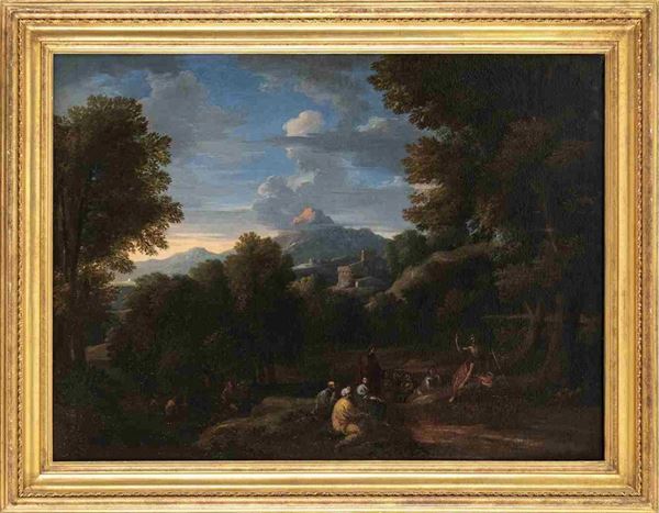 JAN FRANS VAN BLOEMEN (Anversa,  1662 - Roma, 1749), ATTRIBUITO - Paesaggio con predica del Battista e borgo fortificato sullo sfondo...