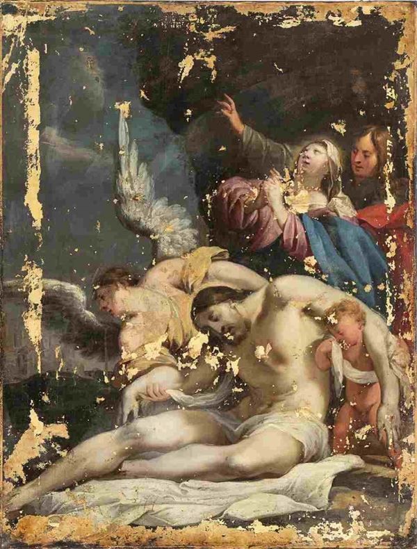 Cristo sorretto dagli angeli con la Vergine e Giovanni Evangelista...  - Asta Dipinti e disegni antichi. Secoli XVI-XIX - Bertolami Fine Art - Casa d'Aste