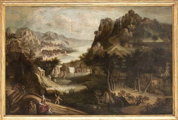 Artista fiammingo, XVI - XVII secolo : Paesaggio con villaggio, figure e corso d'acqua...  - Auction Dipinti e disegni antichi. Secoli XVI-XIX - Bertolami Fine Art - Casa d'Aste