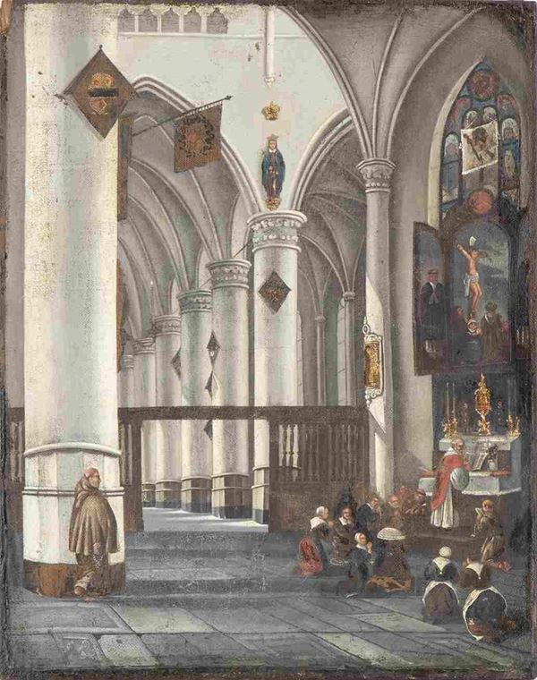 Interno di chiesa olandese con fedeli in preghiera (Oude Kerk, Amsterdam?)...