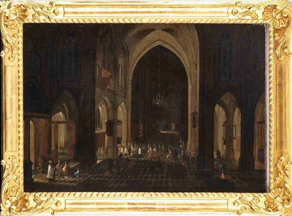 PETER NEEFS II (Anversa, 1620 - post 1675), ATTRIBUITO - Interno di chiesa gotica fiamminga  ...