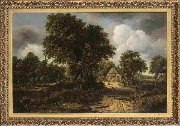 CERCHIA DI MEINDERT HOBBEMA (Amsterdam, 1638 - 1709) - Paesaggio con figure e fattoria sullo sfondo...