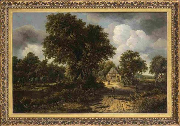 CERCHIA DI MEINDERT HOBBEMA (Amsterdam, 1638 - 1709) : Paesaggio con figure e fattoria sullo sfondo...  - Auction Dipinti e disegni antichi. Secoli XVI-XIX - Bertolami Fine Art - Casa d'Aste