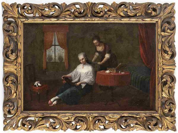 CERCHIA DI PIETRO LONGHI (Venezia, 1701 - 1785) : Interno veneziano con toletta di gentildonna...  - Asta Dipinti e disegni antichi. Secoli XVI-XIX - Bertolami Fine Art - Casa d'Aste