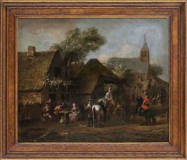 Artista fiammingo, prima met&#224; XVIII secolo : Sosta dei cavalieri alla locanda...  - Auction Dipinti e disegni antichi. Secoli XVI-XIX - Bertolami Fine Art - Casa d'Aste