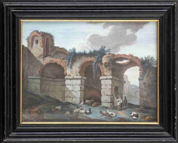 AMBITO DI CHARLES-LUIS CLERISSEAU (Parigi, 1721 - 1820) : Capriccio archeologico con rovine di grande palazzo romano...  - Asta Dipinti e disegni antichi. Secoli XVI-XIX - Bertolami Fine Art - Casa d'Aste