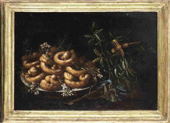 Natura morta con ciambelle, violacciocche e ramo d'ulivo o Allegoria della Pasq...  - Asta Dipinti e disegni antichi. Secoli XVI-XIX - Bertolami Fine Art - Casa d'Aste