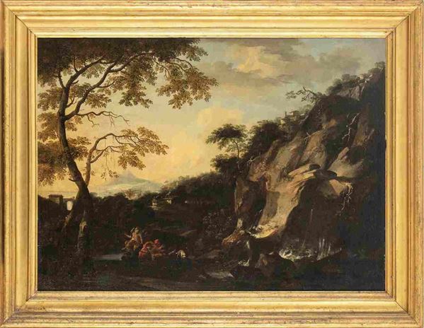 JACOB DE HEUSCH (Utrecht, 1657 - Amsterdam, 1701) : Paesaggio con parete rocciosa, cascatella, corso d’acqua e figure ...  - Auction Dipinti e disegni antichi. Secoli XVI-XIX - Bertolami Fine Art - Casa d'Aste