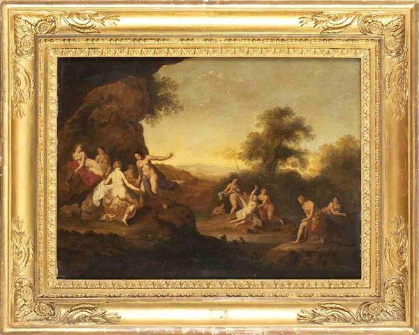 DANIEL VERTANGEN  (Amsterdam, 1601 - 1683), ATTRIBUITO : Diana e Callisto...  - Auction Dipinti e disegni antichi. Secoli XVI-XIX - Bertolami Fine Art - Casa d'Aste