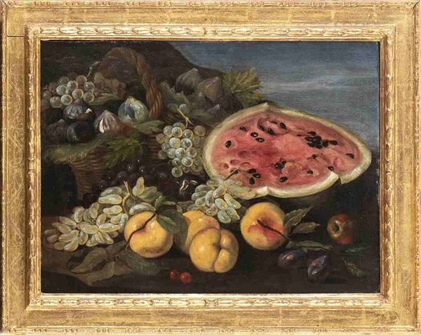 Natura morta di uva, fichi, pesche e un cocomero...  - Auction Dipinti e disegni antichi. Secoli XVI-XIX - Bertolami Fine Art - Casa d'Aste