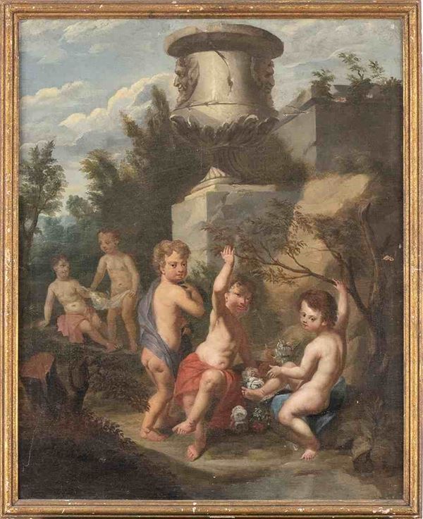 SCUOLA NAPOLETANA, SECOLO XVIII : Giuochi di Putti in un giardino con grande vaso di pietra con mascheroni a rili...  - Asta Dipinti e disegni antichi. Secoli XVI-XIX - Bertolami Fine Art - Casa d'Aste