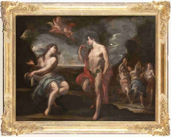 Scuola emiliana, seconda met&#224; XVI secolo : Bacco ed Arianna con le tre Grazie sullo sfondo...  - Auction Dipinti e disegni antichi. Secoli XVI-XIX - Bertolami Fine Art - Casa d'Aste