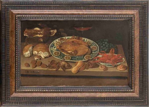 J. B. VAN BEVERTS (attivo nella prima met&#224; del XVIII secolo) : Natura morta con Pollo, aragoste e calice di vino...  - Asta Dipinti e disegni antichi. Secoli XVI-XIX - Bertolami Fine Art - Casa d'Aste