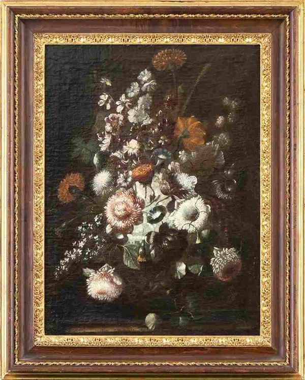 KAREL VON VOGELAER DETTO CARLO DE' FIORI (Maastricht, 1653 - Roma, 1695) : Bouquet di fiori in un vaso metallico...  - Auction Dipinti e disegni antichi. Secoli XVI-XIX - Bertolami Fine Art - Casa d'Aste