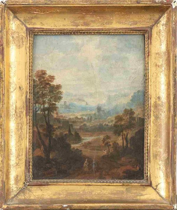 Paesaggio con figure e corso d'acqua...  - Auction Dipinti e disegni antichi. Secoli XVI-XIX - Bertolami Fine Art - Casa d'Aste