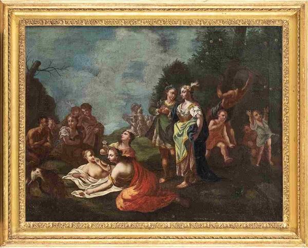 Corteggiamento in giardino con satiro e ninfe...  - Auction Dipinti e disegni antichi. Secoli XVI-XIX - Bertolami Fine Art - Casa d'Aste