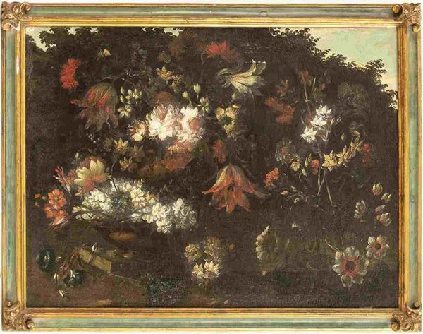 AMBITO DI ELISABETTA MARCHIONI (Attiva a Rovigo tra la fine del XVII e l'inizio del XVIII secolo) : Vaso di fiori in un giardino...  - Asta Dipinti e disegni antichi. Secoli XVI-XIX - Bertolami Fine Art - Casa d'Aste