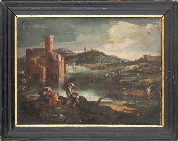 Matteo Ghidoni Matteo de' Pitocchi : Paesaggio con pescatori, corso d'acqua e fortificazione ...  - Auction Dipinti e disegni antichi. Secoli XVI-XIX - Bertolami Fine Art - Casa d'Aste