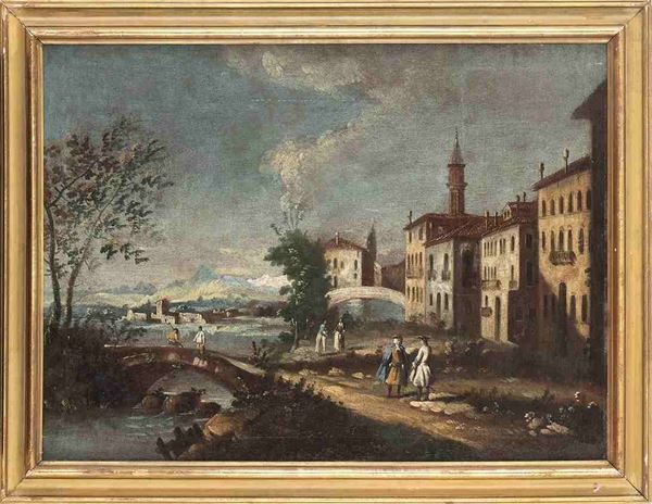 MAESTRO DELLE MONTAGNE AZZURRE DETTO MAESTRO DEI PAESAGGI DI CA' REZZONICO (Veneto, XVIII secolo) :  Veduta di città veneta con figure, ponte e corso d'acqua...  - Auction Dipinti e disegni antichi. Secoli XVI-XIX - Bertolami Fine Art - Casa d'Aste