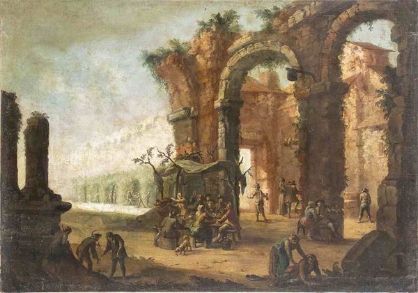 PIER DOMENICO OLIVIERO (Torino, 1679 - 1755), ATTRIBUITO : Scena di villaggio con banchetto...  - Auction Dipinti e disegni antichi. Secoli XVI-XIX - Bertolami Fine Art - Casa d'Aste