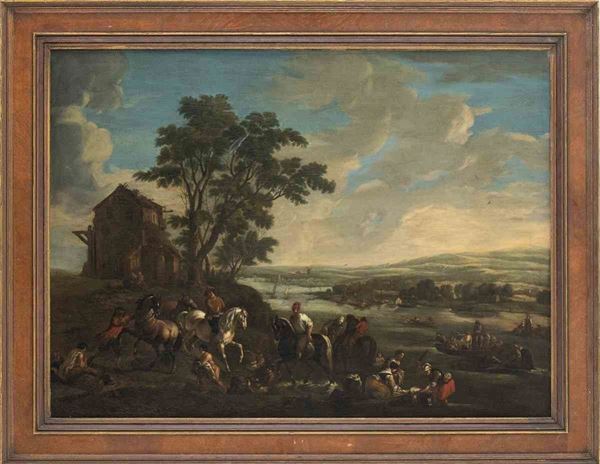 PIETER WOUVERMANN (Haarlem, 1623 - Amsterdam, 1682), ATTRIBUITO - Paesaggio fluviale con cavalieri, viandanti e lavandaie...