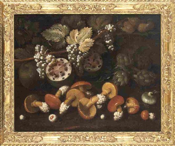 ANGELO MARIA ROSSI GI&#192; NOTO COME PSEUDO FARDELLA (attivo in Toscana nella seconda met&#224; del XVII secolo), ATTRIBUITO : Natura morta di frutta, carciofi e funghi...  - Auction Dipinti e disegni antichi. Secoli XVI-XIX - Bertolami Fine Art - Casa d'Aste