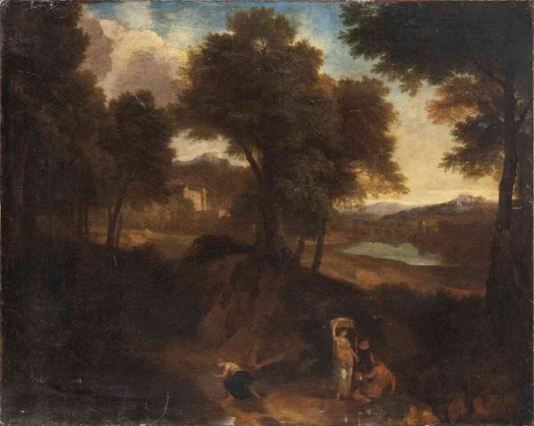 JOHANNES GLAUBER (Utrecht, 1646 - Schoonhoven, 1726) - Paesaggio con figure, fiume e ponte sullo sfondo...