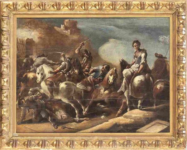 Artista fiammingo, XVIII secolo : Scontro di cavalieri con fanciulla a cavallo in primo piano...  - Auction Dipinti e disegni antichi. Secoli XVI-XIX - Bertolami Fine Art - Casa d'Aste