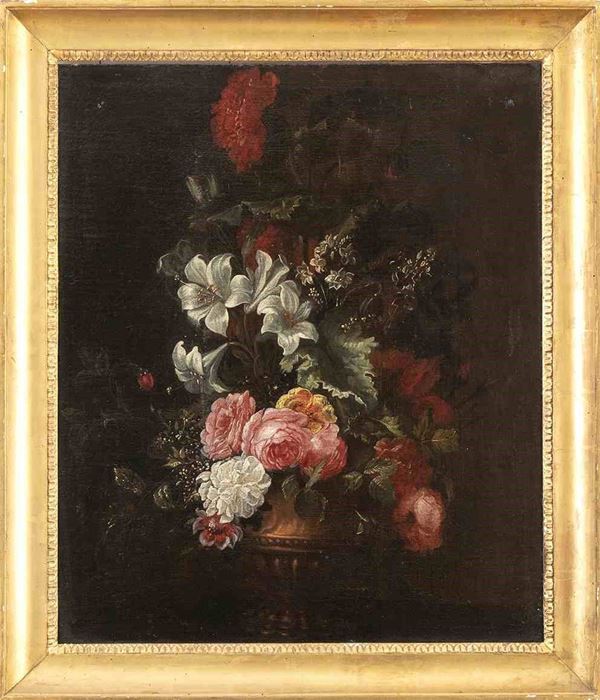 Bouquet di fiori in un vaso metallico...  - Asta Dipinti e disegni antichi. Secoli XVI-XIX - Bertolami Fine Art - Casa d'Aste