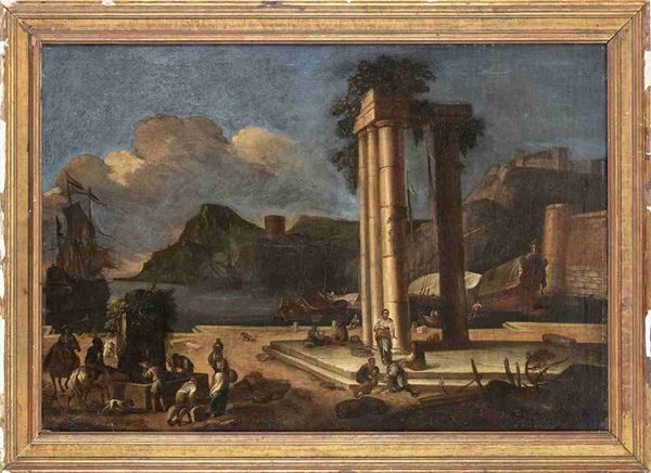 Marina con porto, rovine e figure...  - Asta Dipinti e disegni antichi. Secoli XVI-XIX - Bertolami Fine Art - Casa d'Aste