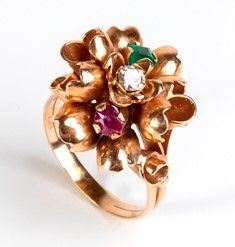 Anello "patriottico" in oro con rubino, diamante e smeraldo - Italia inizio '50...