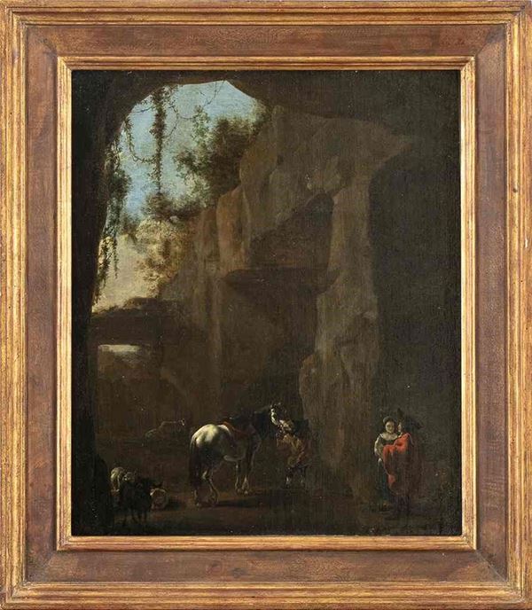 JAN ASSELYN (Dieppe, 1610 - Amsterdam, 1652), ATTRIBUITO : Paesaggio con caverna e figure...  - Auction Dipinti e disegni antichi. Secoli XVI-XIX - Bertolami Fine Art - Casa d'Aste