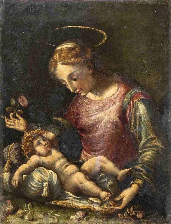 SCUOLA CENTRO-ITALIANA, SECONDA MET&#192; XVI SECOLO : Madonna della Rosa...  - Auction Dipinti e disegni antichi. Secoli XVI-XIX - Bertolami Fine Art - Casa d'Aste