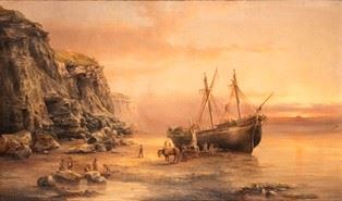 Coastal landscape with sailing ship, 1884...