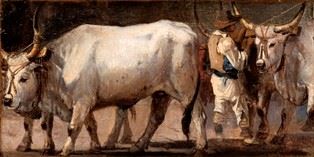 CARLO COLEMAN (Pontefract, 1807 - Roma, 1874) : Herdsmen with oxen, 1840  - Oil on canvas, 19 x 37 cm - Auction Dipinti, Disegni e Sculture dal XIX al XXI secolo e Collezione Cornelio Di Marzio - Bertolami Fine Art - Casa d'Aste