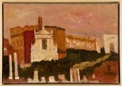 CARLO QUAGLIA : Roman Forum (view on S. Francesca Romana Church), 1966  - Oil on faesite, 35 x 50 cm  - Auction Dipinti, Disegni e Sculture dal XIX al XXI secolo e Collezione Cornelio Di Marzio - Bertolami Fine Art - Casa d'Aste