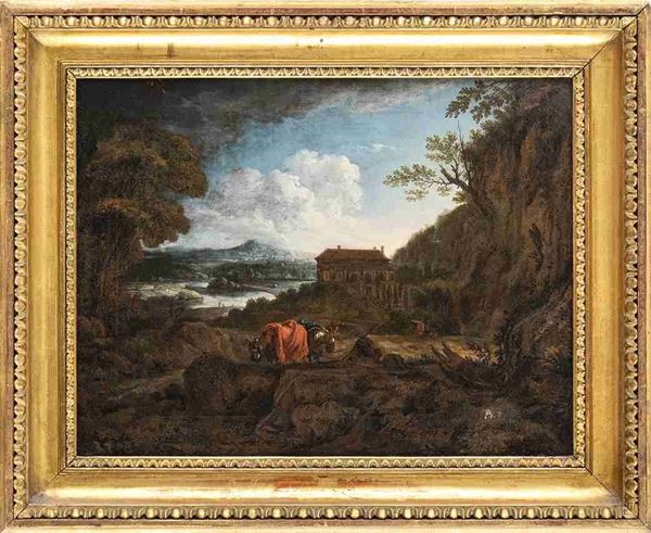 GIOVANNI FRANCESCO GRIMALDI (Bologna, 1606 - Roma, 1680), ATTRIBUITO : Paesaggio con viandanti e due cavalli ...  - Auction Dipinti e disegni antichi. Secoli XVI-XIX - Bertolami Fine Art - Casa d'Aste