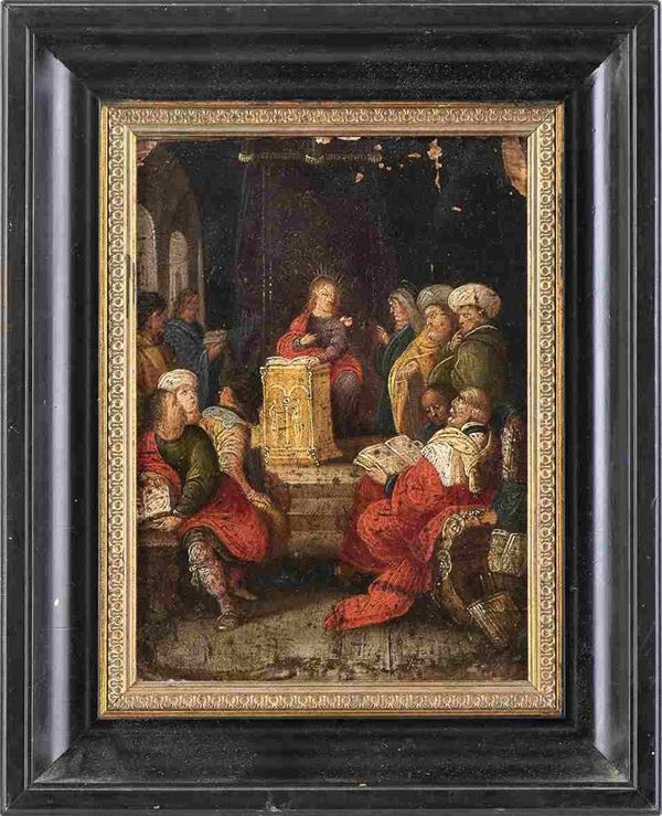 AMBITO DI FRANS FRANCKEN II (Anversa,  1581 - 1642) : Cristo tra i dottori...  - Auction Dipinti e disegni antichi. Secoli XVI-XIX - Bertolami Fine Art - Casa d'Aste