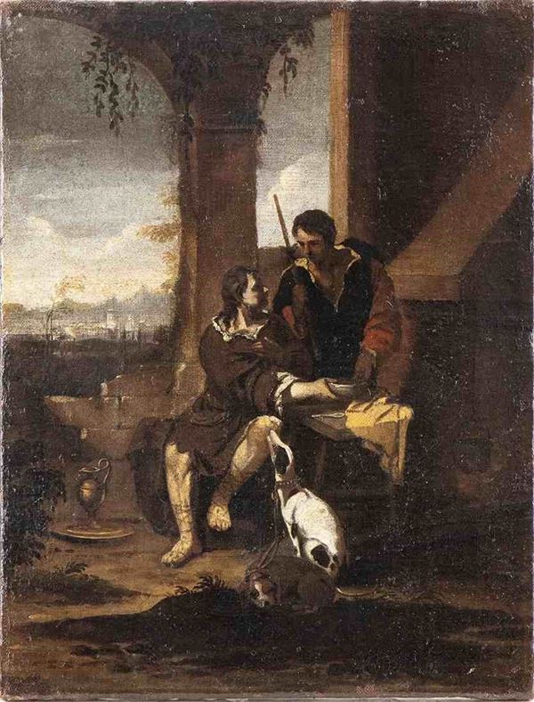 Theodor Helmbreker Mons&#249; Teodoro : San Rocco nutre un mendicante...  - Auction Dipinti e disegni antichi. Secoli XVI-XIX - Bertolami Fine Art - Casa d'Aste