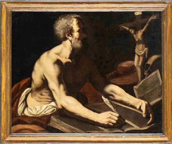 AMBITO DI RUTILIO MANETTI (Siena,  1571 - 1639) - San Girolamo penitente traduce la Bibbia...