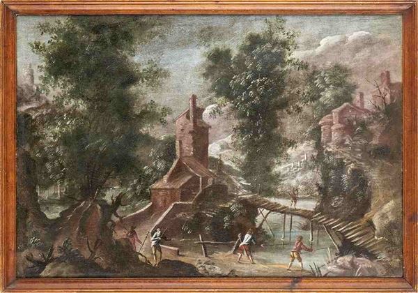 Artista fiammingo, seconda met&#224; XVI secolo - Paesaggio con villaggio, fiume e figure...